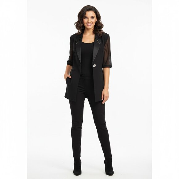 SEXY Black Blazer TUXEDO MESH RHINESTONE SEQUIN PARTY SZ M Jacket Cut out back - Picture 2 of 15